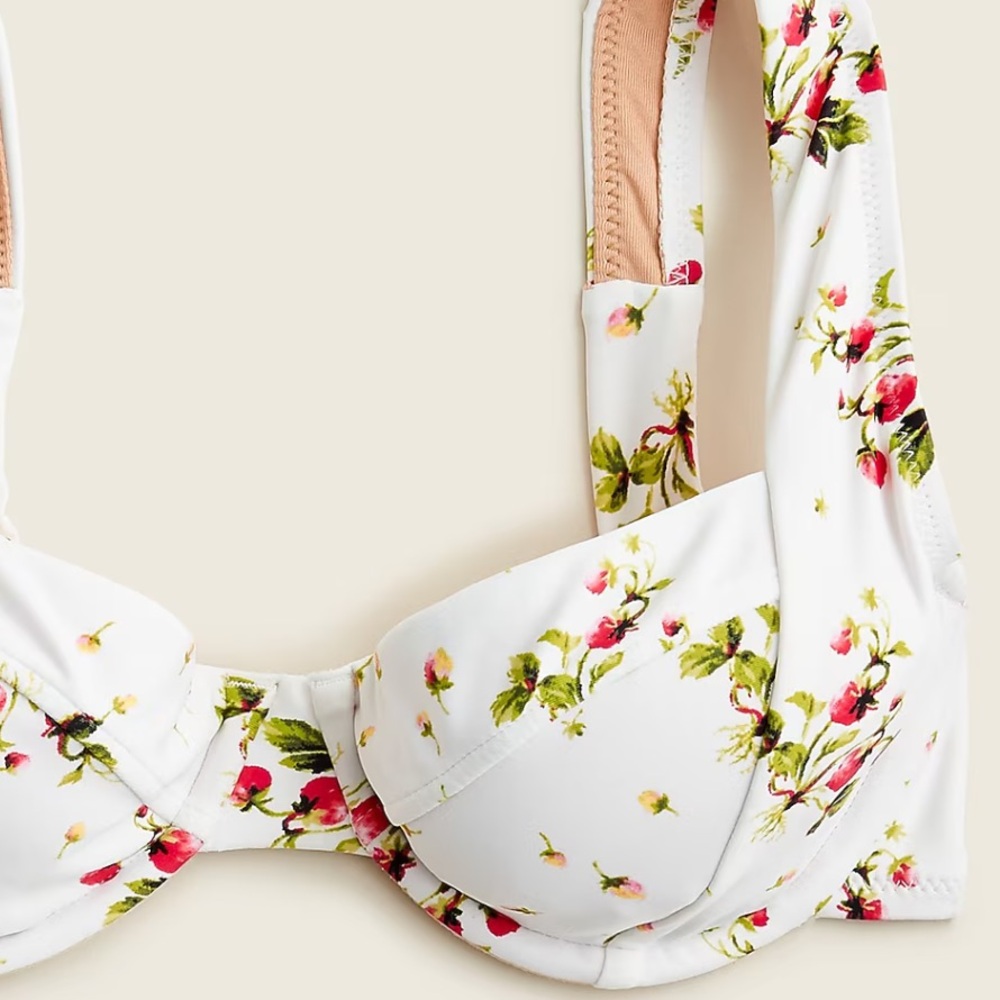 NWT J. Crew White Strawberry Floral Underwire Bikini Top WITH CROSSBACK. 34B. - Picture 2 of 6